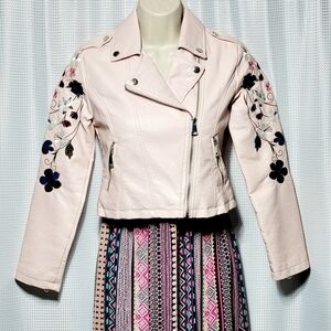 Me Jane Blush Pink Faux Leather Aviator Jacket Floral Embroidered (M/10 Girls)